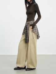 Women's Utility-Style Detachable Plaid Chestnut Curved-Leg Pants