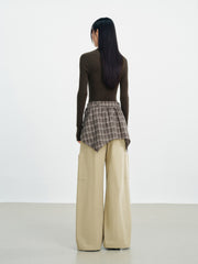 Women's Utility-Style Detachable Plaid Chestnut Curved-Leg Pants