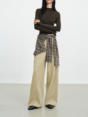 Women's Utility-Style Detachable Plaid Chestnut Curved-Leg Pants