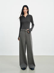 Women's Casual Grey Wool Wide-Leg Straight Suit Pants
