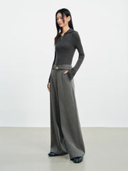 Women's Casual Grey Wool Wide-Leg Straight Suit Pants