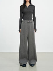 Women's Casual Grey Wool Wide-Leg Straight Suit Pants