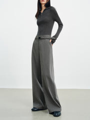 Women's Casual Grey Wool Wide-Leg Straight Suit Pants