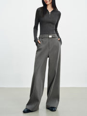 Women's Casual Grey Wool Wide-Leg Straight Suit Pants