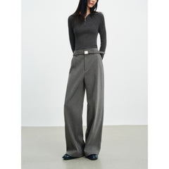 Women's Casual Grey Wool Wide-Leg Straight Suit Pants