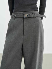 Women's Casual Grey Wool Wide-Leg Straight Suit Pants