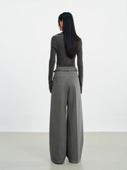 Women's Casual Grey Wool Wide-Leg Straight Suit Pants