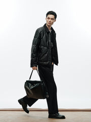 Men's Casual PU Leather Panel-Collar Down Jacket