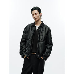 Men's Casual PU Leather Panel-Collar Down Jacket