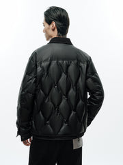 Men's Casual PU Leather Panel-Collar Down Jacket