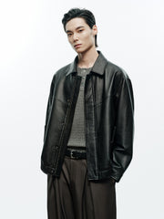 Men's Casual Pebbled Waxed Cowhide Aviator Leather Jacket