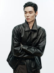 Men's Casual Pebbled Waxed Cowhide Aviator Leather Jacket