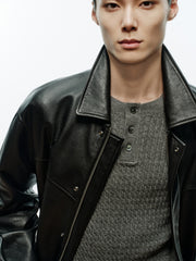 Men's Casual Pebbled Waxed Cowhide Aviator Leather Jacket