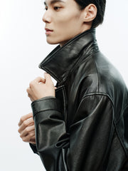 Men's Casual Pebbled Waxed Cowhide Aviator Leather Jacket