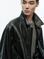 Men's Casual Pebbled Waxed Cowhide Aviator Leather Jacket