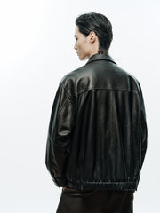 Men's Casual Pebbled Waxed Cowhide Aviator Leather Jacket