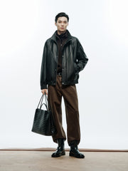 Men's Casual Pebbled Lambskin Leather Jacket with Inverted-T Cut