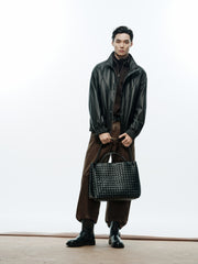 Men's Casual Pebbled Lambskin Leather Jacket with Inverted-T Cut