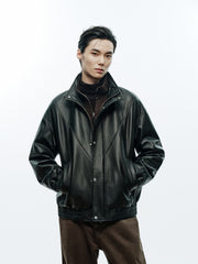 Men's Casual Pebbled Lambskin Leather Jacket with Inverted-T Cut