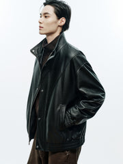 Men's Casual Pebbled Lambskin Leather Jacket with Inverted-T Cut