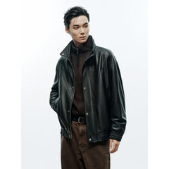 Men's Casual Pebbled Lambskin Leather Jacket with Inverted-T Cut