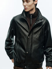 Men's Casual Pebbled Lambskin Leather Jacket with Inverted-T Cut