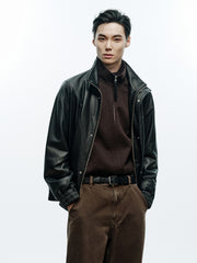 Men's Casual Pebbled Lambskin Leather Jacket with Inverted-T Cut