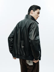 Men's Casual Pebbled Lambskin Leather Jacket with Inverted-T Cut