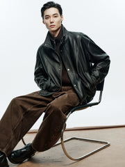 Men's Casual Pebbled Lambskin Leather Jacket with Inverted-T Cut