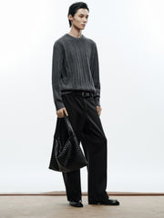 Men's Casual Grey 3D-Line Textured Pullover Sweater