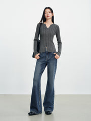Women's Casual Double-Waistband Stretch Brushed Flared Jeans