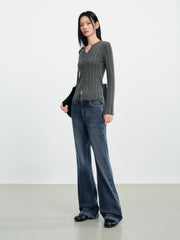 Women's Casual Double-Waistband Stretch Brushed Flared Jeans