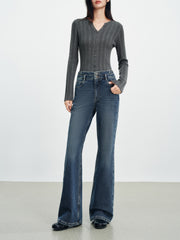 Women's Casual Double-Waistband Stretch Brushed Flared Jeans