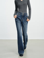 Women's Casual Double-Waistband Stretch Brushed Flared Jeans