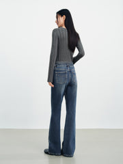 Women's Casual Double-Waistband Stretch Brushed Flared Jeans