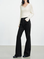 Women's Casual Double-Waistband Stretch Brushed Flared Jeans