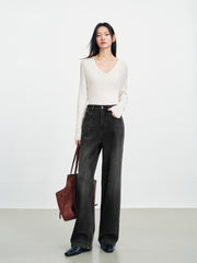 Women's Casual Denim High-Coverage Waistband Straight-Leg Pants