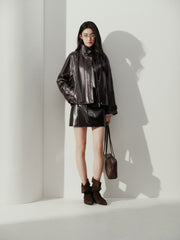 Women's Vintage  Waxed Genuine Leather Stand-Collar Jacket