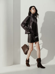 Women's Vintage  Waxed Genuine Leather Stand-Collar Jacket