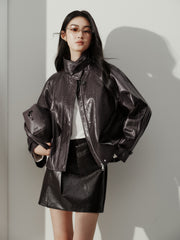 Women's Vintage  Waxed Genuine Leather Stand-Collar Jacket