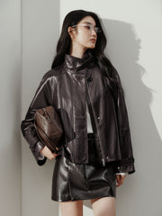 Women's Vintage  Waxed Genuine Leather Stand-Collar Jacket