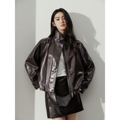 Women's Vintage  Waxed Genuine Leather Stand-Collar Jacket