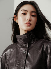 Women's Vintage  Waxed Genuine Leather Stand-Collar Jacket