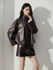 Women's Vintage  Waxed Genuine Leather Stand-Collar Jacket