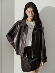 Women's Vintage  Waxed Genuine Leather Stand-Collar Jacket