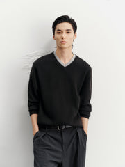 Men's Casual Wool-Blend V-Neck Faux-Layer Knit Top