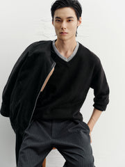 Men's Casual Wool-Blend V-Neck Faux-Layer Knit Top