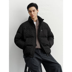 Men's Casual Black Geometric Shadow-Pattern Puffer Jacket