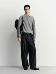 Men's Commuter Grey Faux-Layer Plaid-Collar Knit Top