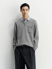 Men's Commuter Grey Faux-Layer Plaid-Collar Knit Top